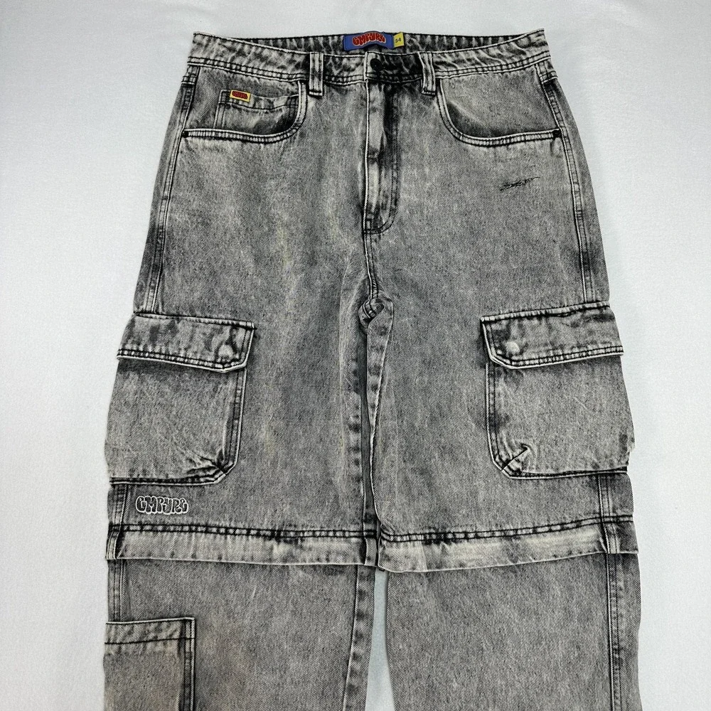Empyre Jeans Mens 34x30 Gray Relaxed Wide Leg Cargo Acid Wash Denim Streetwear